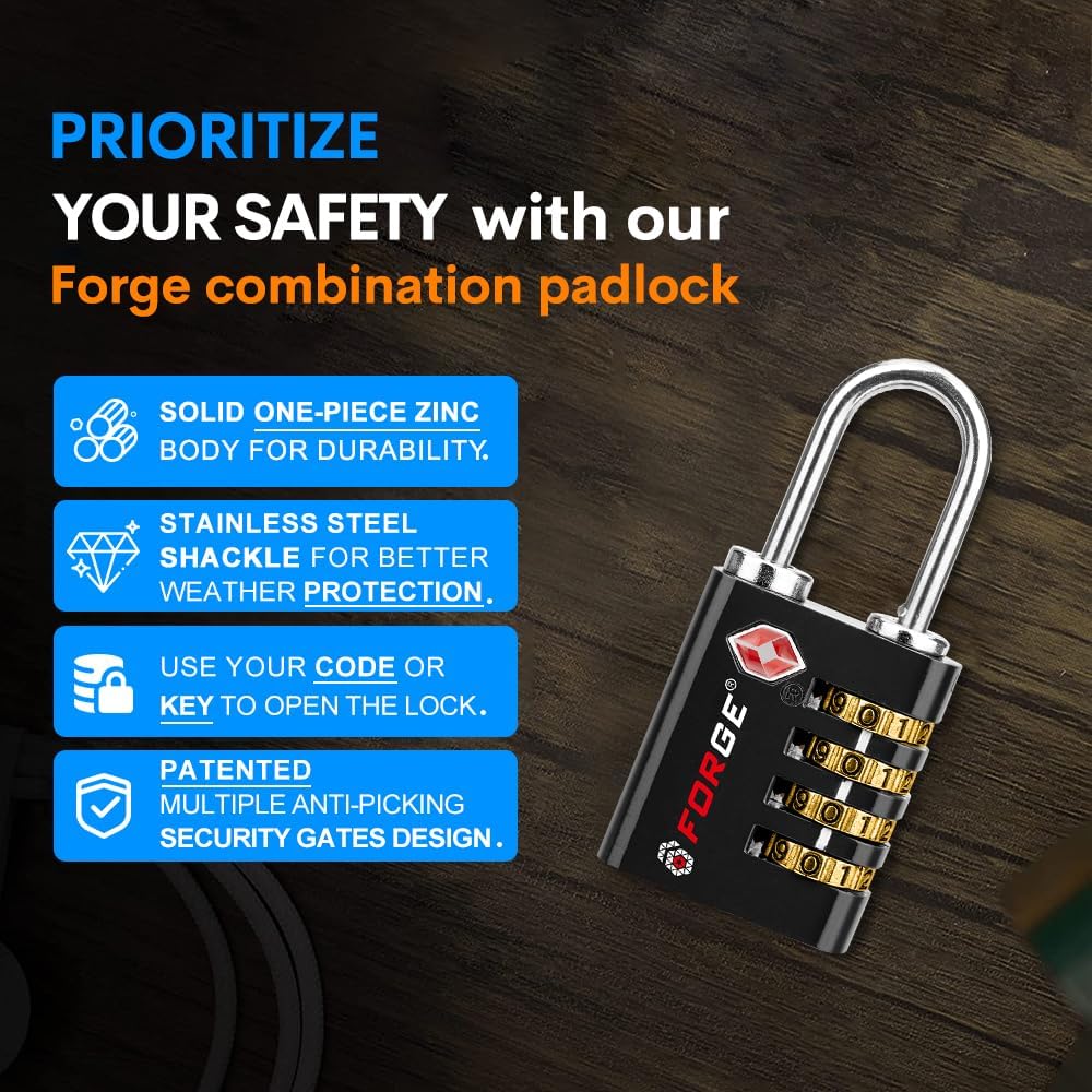 Forge Dual-Opening: Key or Combination Access Lock, TSA Approved Locks for Luggage, Pelican case, Travel, Gym, School, Stainless Steel Shackle.(Black 6 Pk)