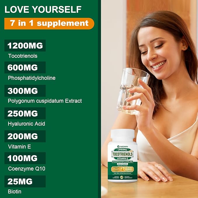 1200MG Vitamin E Tocotrienols Liposomal Tocotrienols Supplement with Phosphatidylcholine, 95% Delta-tocotrienols and 5% Gamma-tocotrienols, High Absorption for Heart, Brain Function 60 Capsules