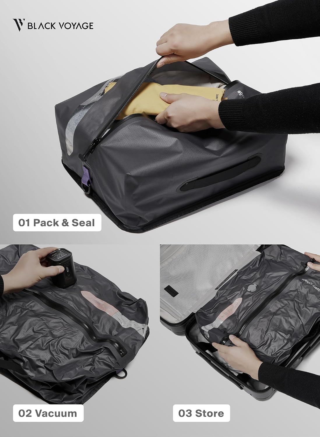 Black Voyage Reusable Vacuum Compression Travel Bag for Carry-On Suitcase and Backpack, Recycled IP67 Waterproof Space Saver Vacpack (1-Pack, 18L - Pump Included)