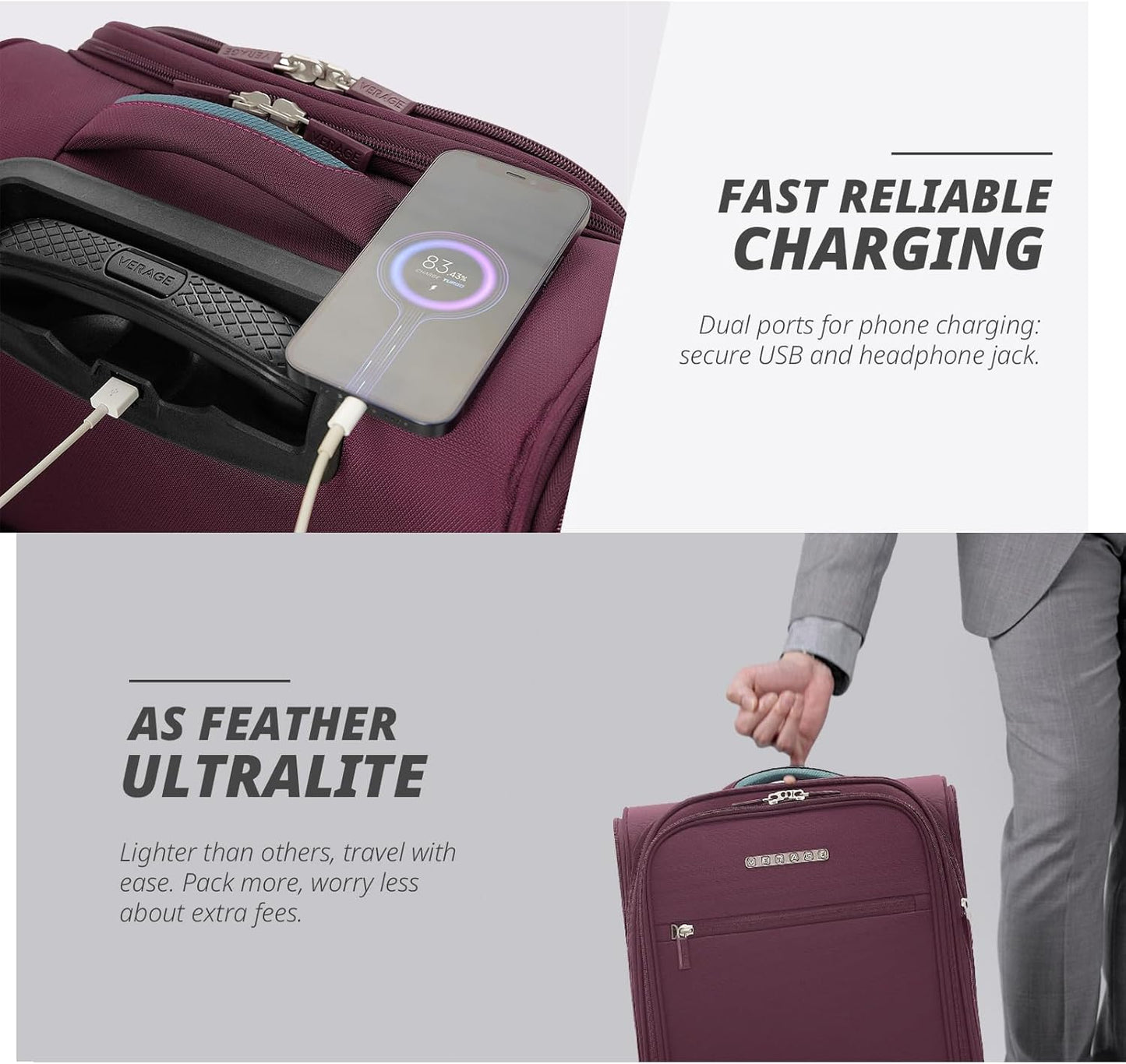Verage Under Seat Luggage with Wheels,Softside Small Suitcase Spinner Carry On Luggage Bags for Airlines Airplanes Short Trip Men Women (Grape red, 14-Inch Underseat)