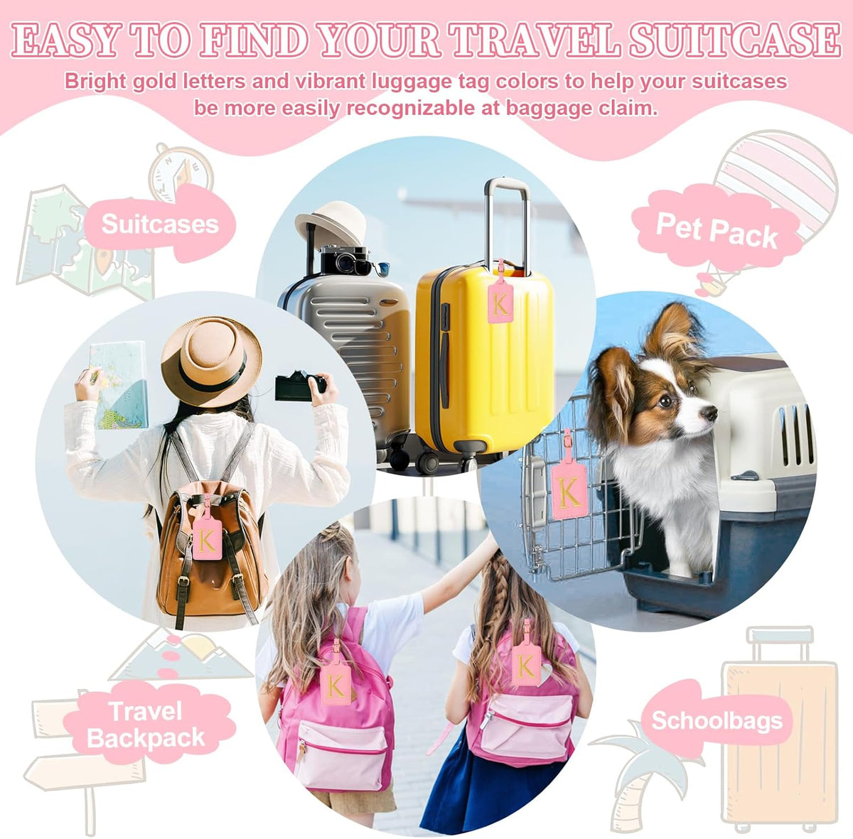 Personalized Initial Luggage Tags for Suitcase, Pink Leather Cute Luggage Tags with Privacy Cover Name Card, Embroidered Custom Monogrammed Luggage Tag Travel Bag Baggage Tags Gifts for Women Kids(K)
