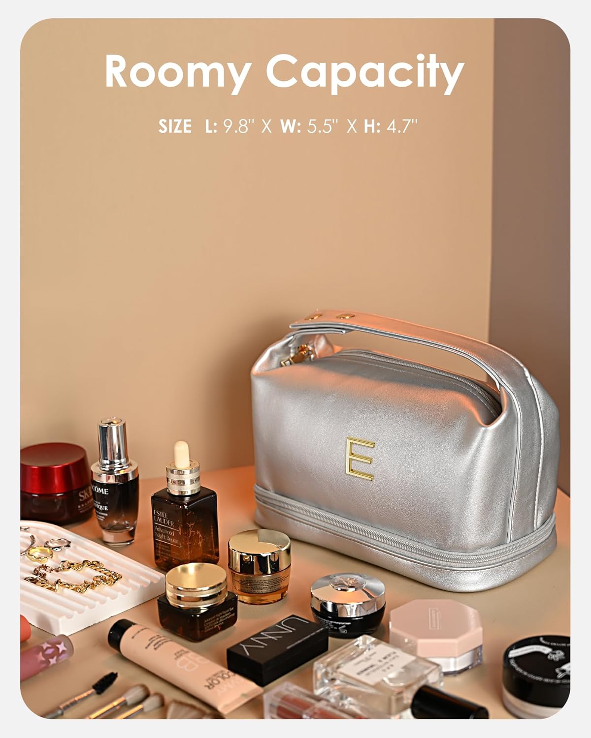 Women Gift Ideas, Personalized Makeup Bag with Handle, Initial Double Layer Cosmetic Bag with Makeup Brush Organizer, Cute Cosmetic Pouch for Women, Gifts for Friends Female Mom