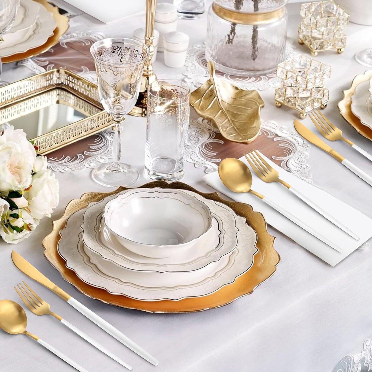 Matte White Gold Silverware Set, 20-Piece Stainless Steel Flatware Set, Satin Finish tableware Cutlery Set, Service for 4, Home and Restaurant, Dishwasher Safe