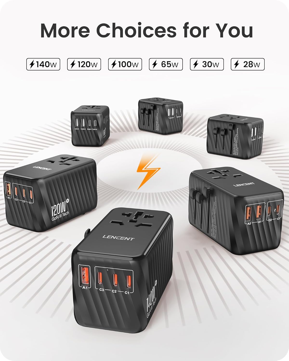 LENCENT International Travel Adapter, 120W GaN Universal Fast Charger with 3 PD3.0 Type C+1 QC USB A, All in One Power Adaptor for iPhones,Laptops, Worldwide Plug Adapter for EU/USA/UK/AU, Black