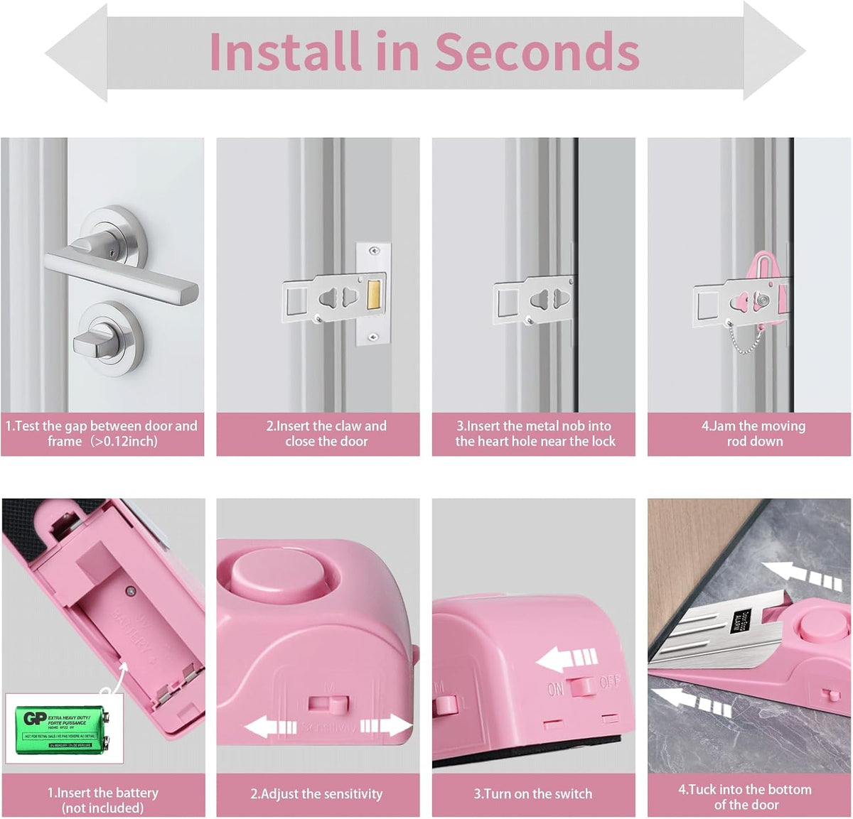 Portable Door Lock & Door Stop Alarm Set, Dual Protection Home Security Door Kit, Travel Hotel Door Lock Devices Pocket Self Defensey Tools for Traveling Hotel Home Apartment,Pink
