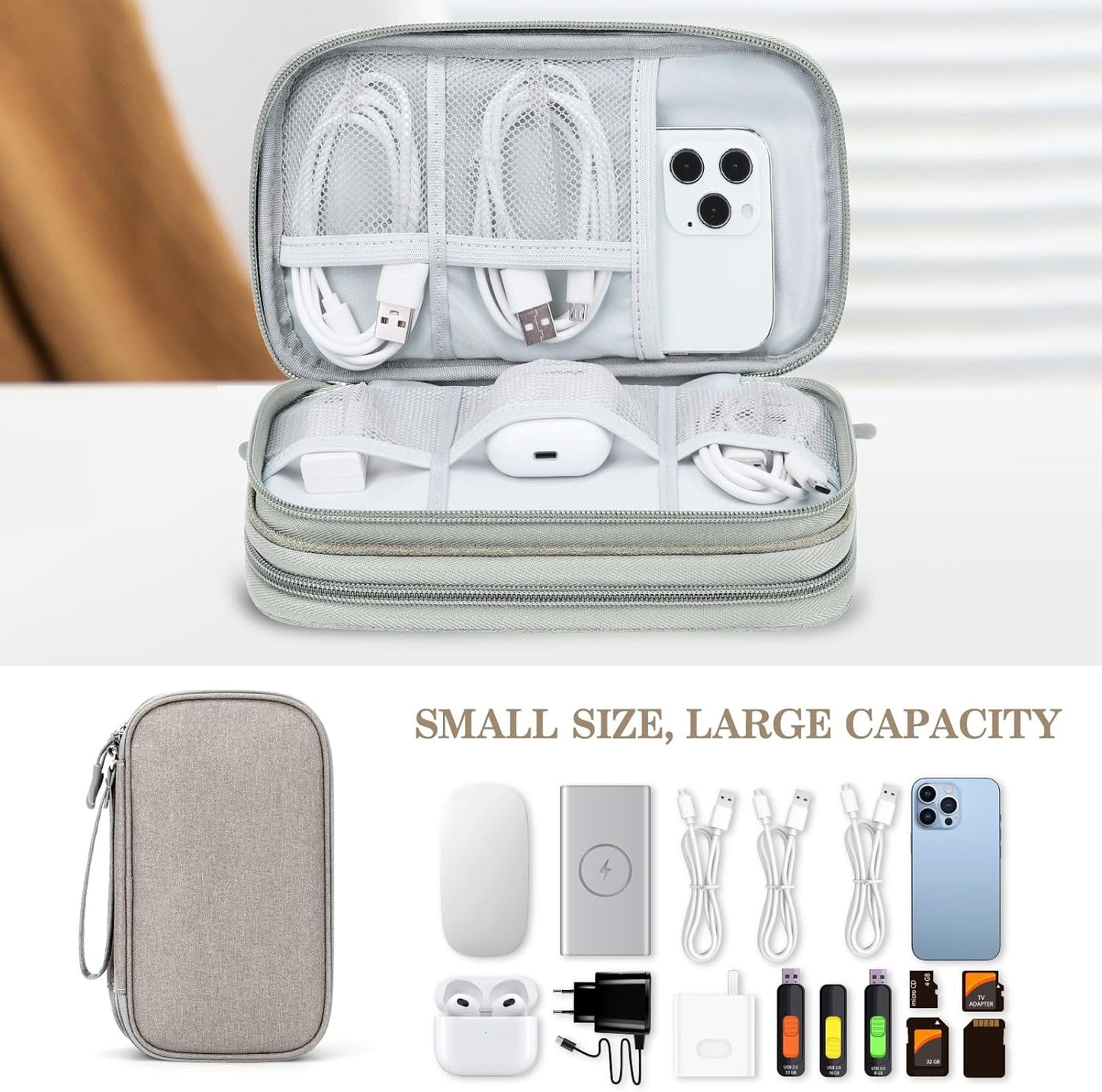 FYY Electronic Organizer, Travel Cable Organizer Bag Pouch Electronic Accessories Carry Case Portable Waterproof Double Layers Storage Bag for Cable, Charger, Phone, Earphone, Medium Size- Khaki