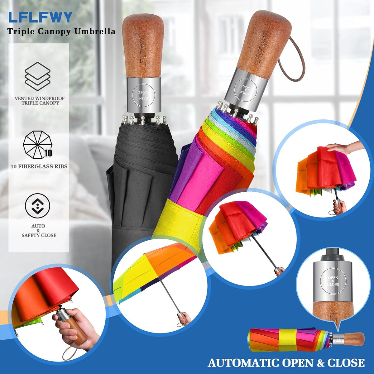 3T Wind Armor Travel Umbrella Compact Easy Auto Open Close Folding Umbrellas for Rain Windproof Umbrella for Women and Men Durable Real Wood Handle Portable Fits Backpack Car