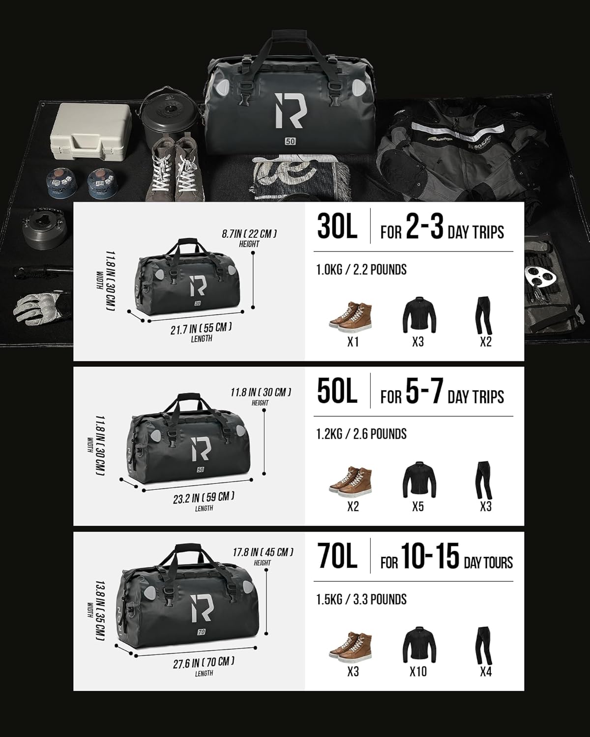 IRON JIA'S Motorcycle Dry Bag - Waterproof Duffle & Luggage Tail Bag Saddle Bags with Roll Top Closure, Shoulder Straps, Inner Pocket and Mesh Pocket (Black, 70L)