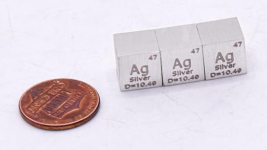 0.39" 10mm Silver Argentum Metal Cube Ag up to 99.9% Pure Periodic Table Element Engraved Density Collection Science Education Display Block Cube + Acrylic Case Box - 1PC