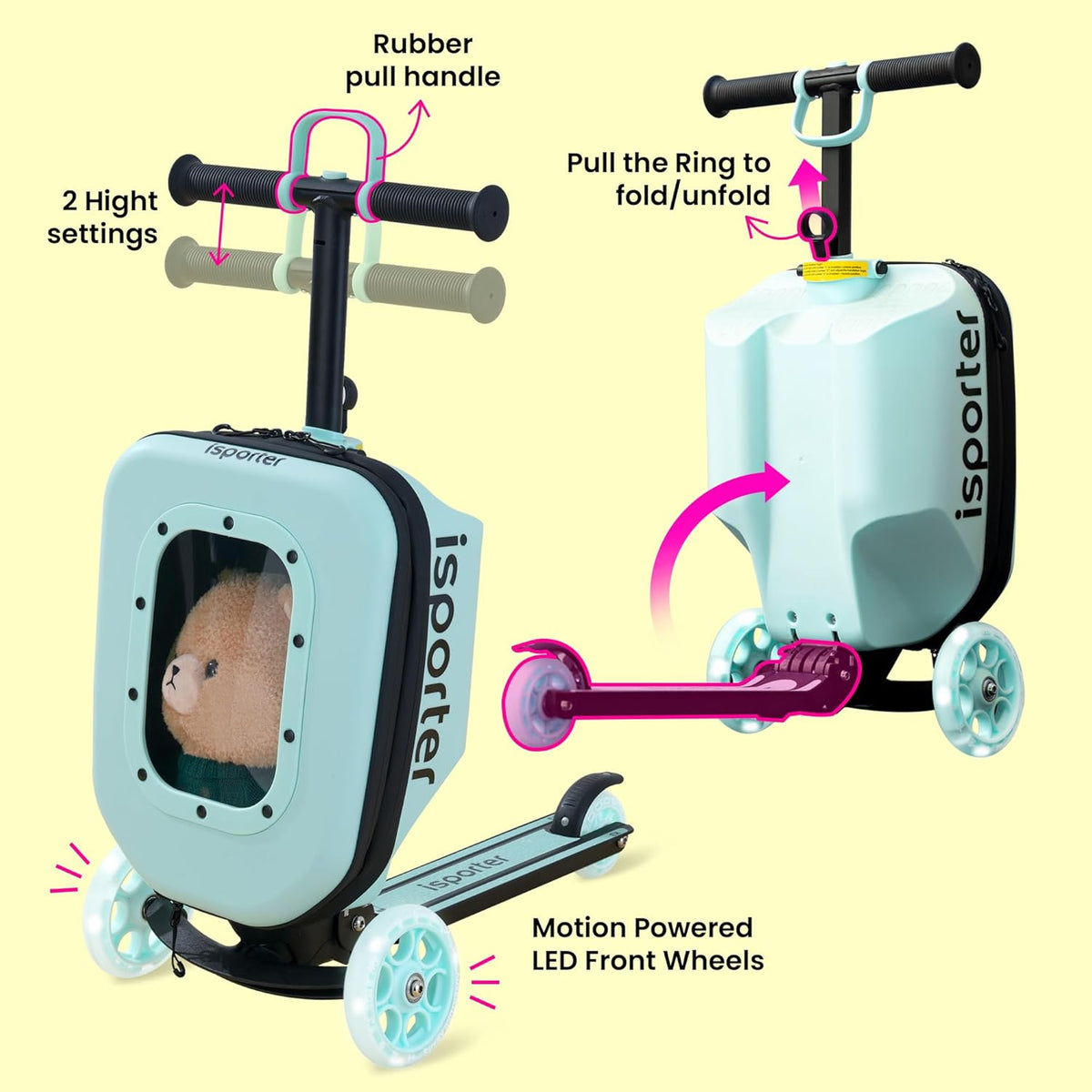 iSporter Luggage Scooter for Kids Ages 2-5 | Ride-On Suitcase Scooters for Boys Girls | Foldable & Height Adjustable, 110lbs Max