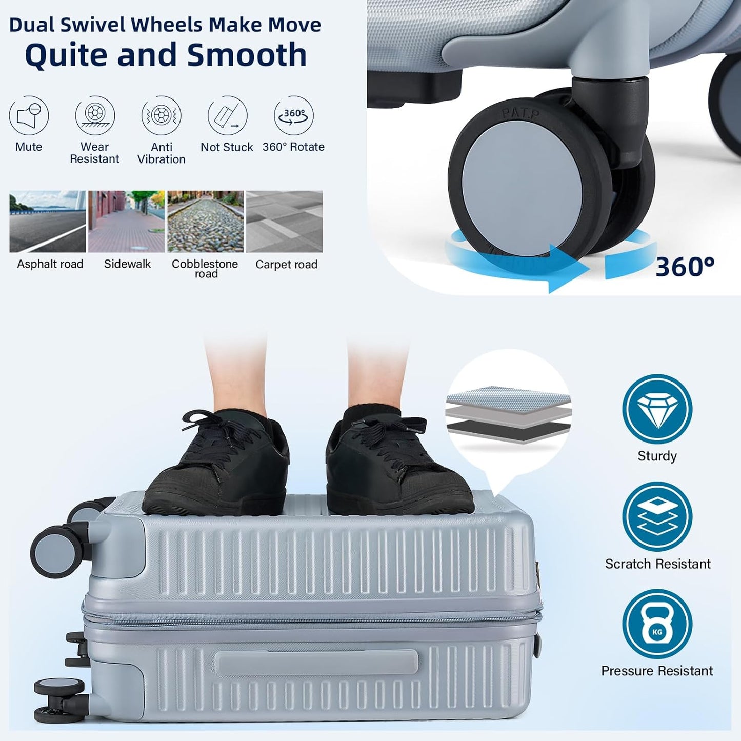 Hard Shell Suitcases 24 Inch Check in Luggage with Spinner Wheels, Expandable Travel Luggage with Cup Holder Charger Built in, Checked Medium Suitcase Lightweight Suitcases, Silver