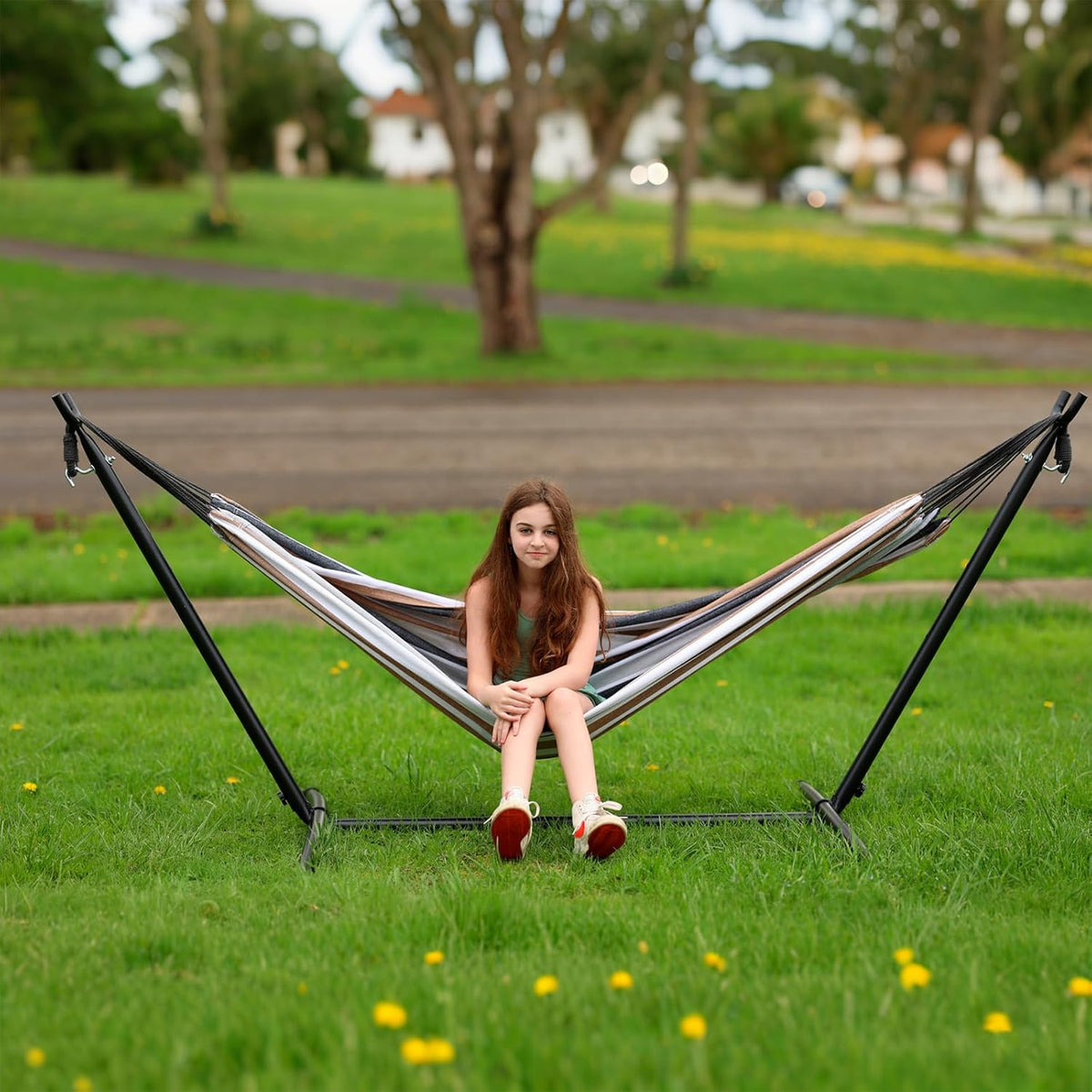 SZHLUX Double Hammock with Stand Included 450lb Capacity Steel Stand, Premium Carry Bag Included and Two Anti Roll Balance Beam, Portable Hammock with Stand for Backyard, Camping,Garden Brown Stripes