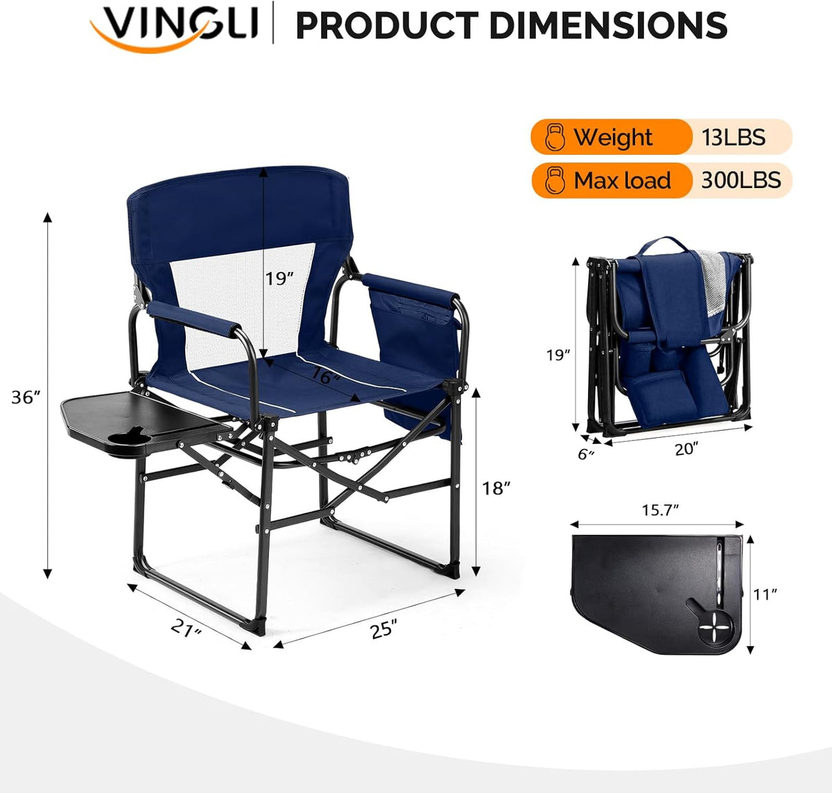 VINGLI Camping Chairs, Directors Chair, Camping Chair with Side Table & Carry Bag,Heavy Duty Camping Chairs for Adults, Portable Folding Camping Chair, Pocket for Beach, Fishing,Trip,Picnic,Lawn-Blue