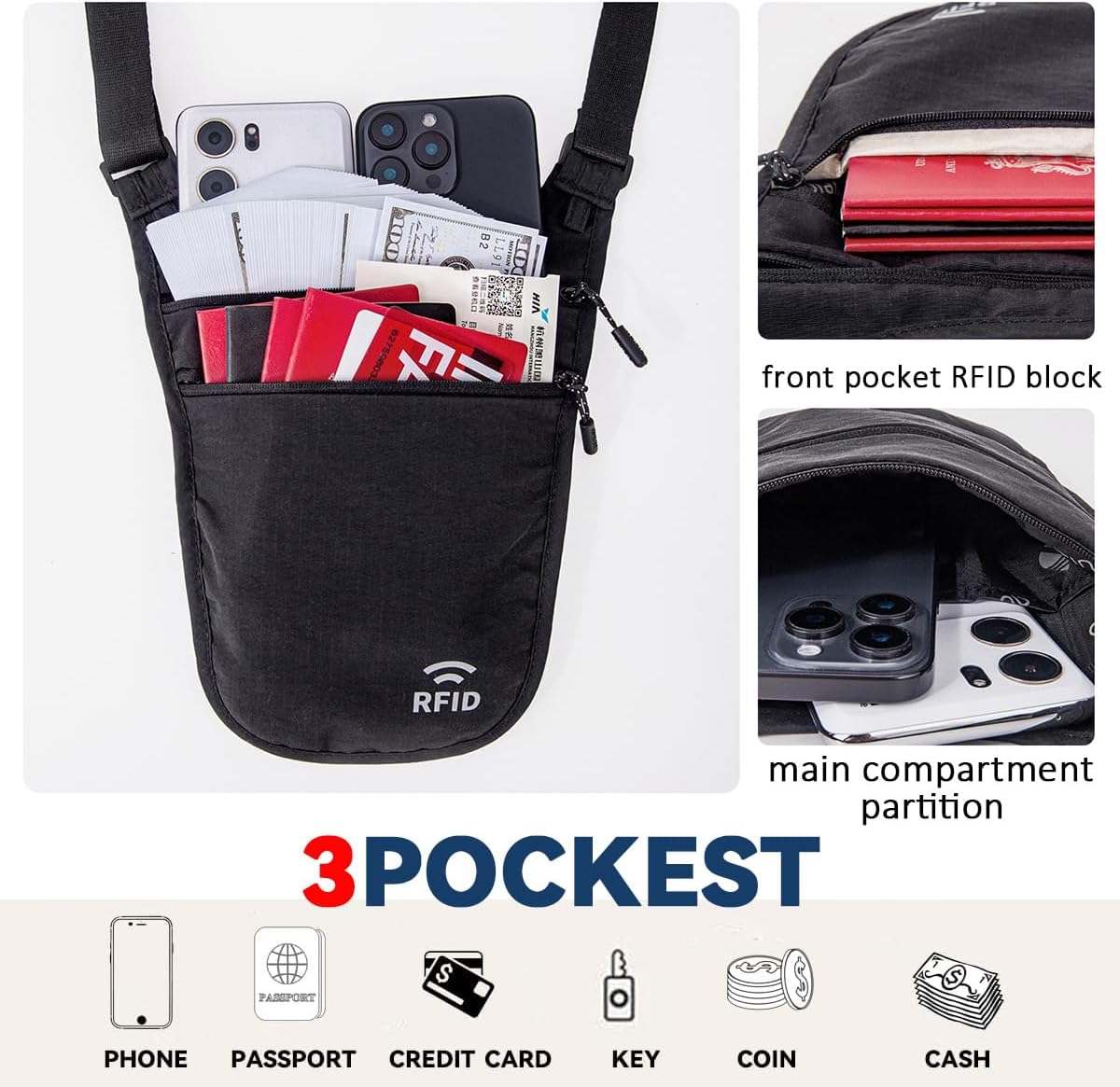 Crossbody Money Belt for Travel Women & Men Hidden, Travel Wallet Pouch - Slim Passport Holde, RFID Blocking Neck Wallet Under Clothes to Protect Cash, Credit Cards and Documents (GRAY)