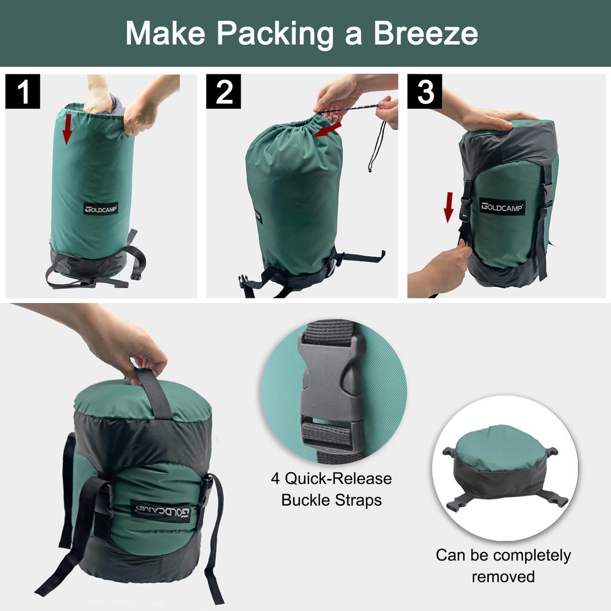 GOLDCAMP Compression Sack for Sleeping Bag Store Ultralight Sleeping Bag Compression Stuff Sack 18L 30L 43L 49L 65LSpace Saving Gear for Travel Camping Hiking Outdoor (Green, XXL)