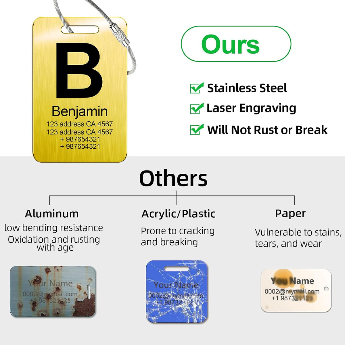 Customized Stainless Steel Luggage Tags: Personalize Your Suitcases, Backpacks, and Bags with Your Text - Custom Initial Text Name ID,Number 2"x3.3"