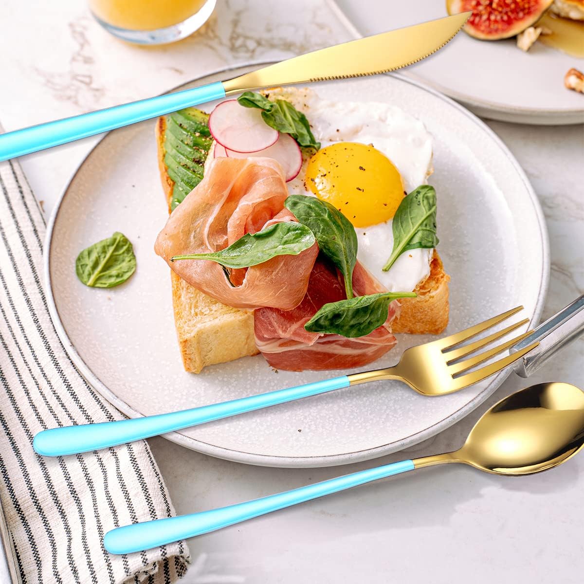 AARAINBOW 6 Pieces 18/8 Stainless Steel Flatware Set Portable Reusable Cutlery Set Travel Utensils Set Including Chopsticks Knife Fork Spoon Straws Cleaning Brush Dishwasher Safe (Light Blue Golden)