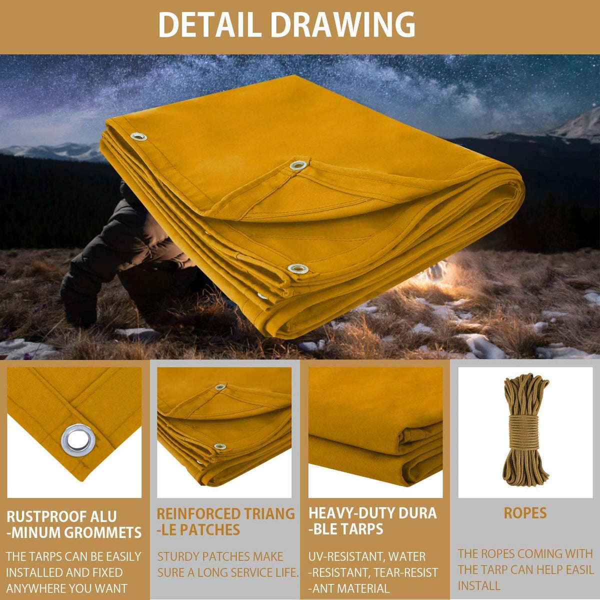 FoundGo 10x20ft Canvas Tarp 22 Mil Tarps 14 oz Canvas Tarpaulin Heavy Duty Cloth Water/UV Resistant Cover with Rustproof Grommets & Ropes for Cars,Roofs,Boats,Camps,Sunshades,Moisture Barrier -Tan