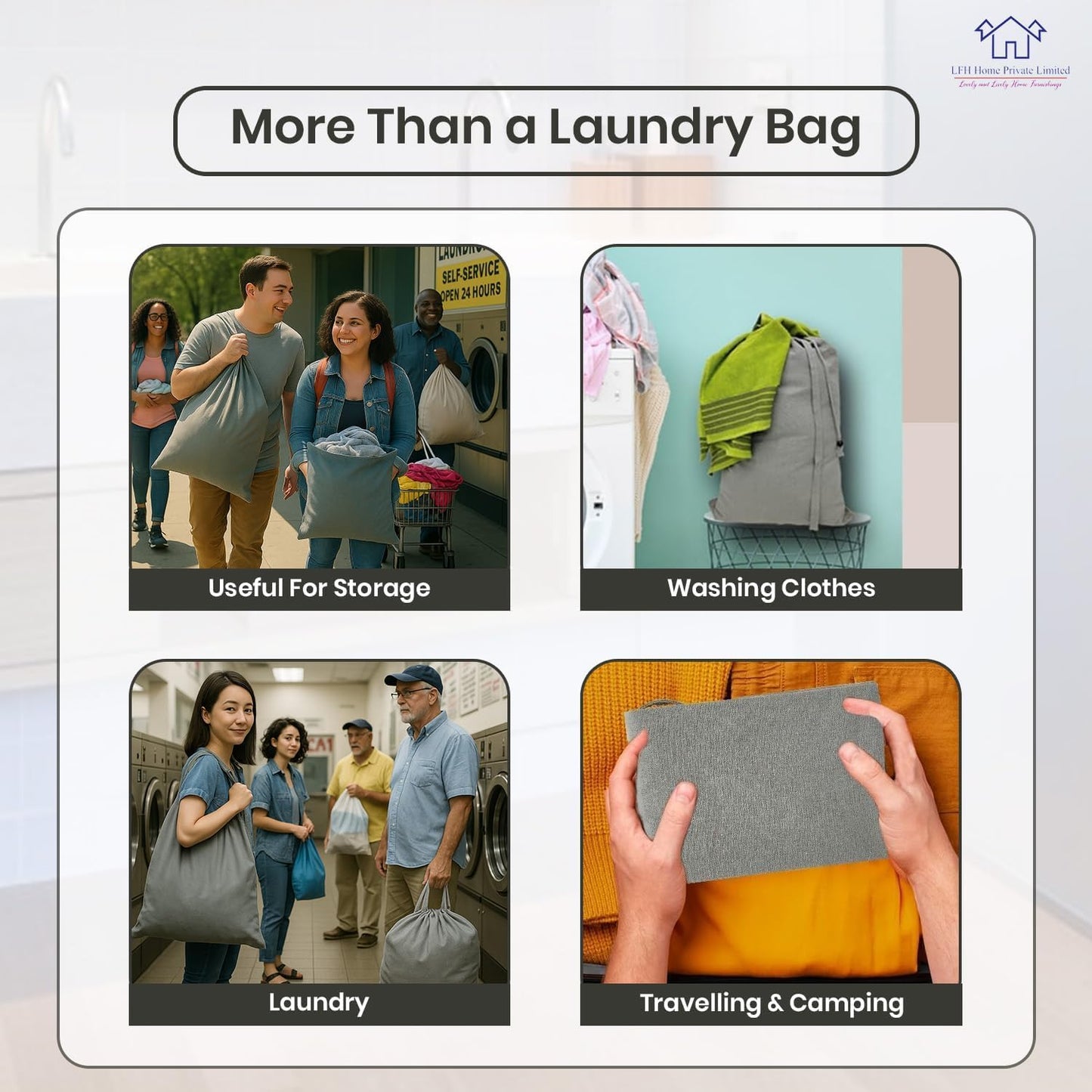 LFH Home Cotton Canvas Large Laundry Bag with Handle, Heavy Duty Drawstring Closure Washable Laundry Bags, School Travel, Home, Hotel, College Dorm, Organizer Sack, Toys Clothes 20x30 (Pack of 2)-Grey