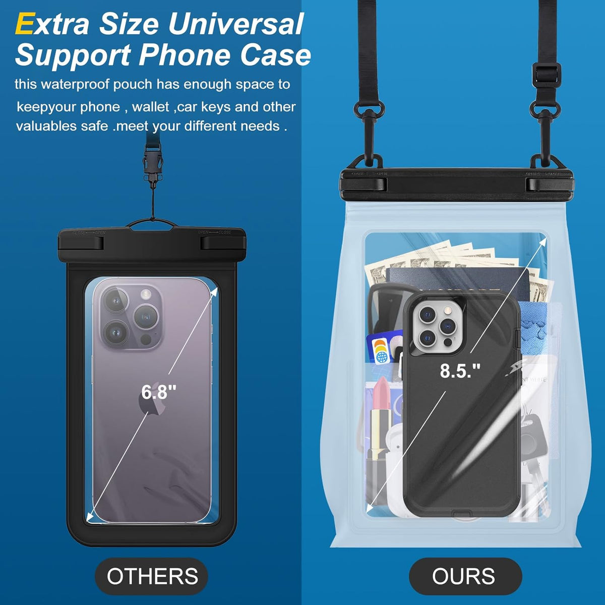 Large Waterproof Phone Pouch Floating, Waterproof Phone Case for iPhone 15 14 Pro Max 13 12 Plus 11 XS XR X Samsung up to 8.5'', IPX8 Water Proof Cell Phone Dry Bag for Beach Swimming Kayaking