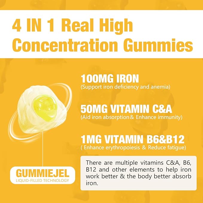 1 Pack 100MG Iron Supplement Gummies for Women & Men - with Vitamin A, C, B - Energy Support for Iron Deficiency, Anemia, Adults & Children, Pineapple Flavor Gummy, 60ct