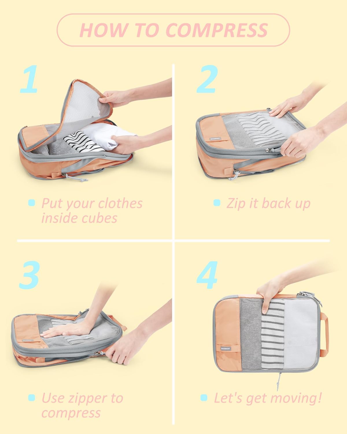 BAGSMART 6 Set Compression Packing Cubes - Lightweight Travel Essentials, Durable Luggage Organizer