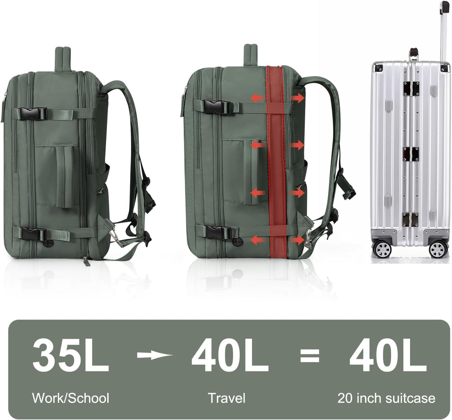 Hanples Extra Large Travel Backpack for Women as Person Item Flight Approved, 40L Carry On Backpack, 17 Inch Laptop Waterproof Hiking Casual Bag(Olive Green)