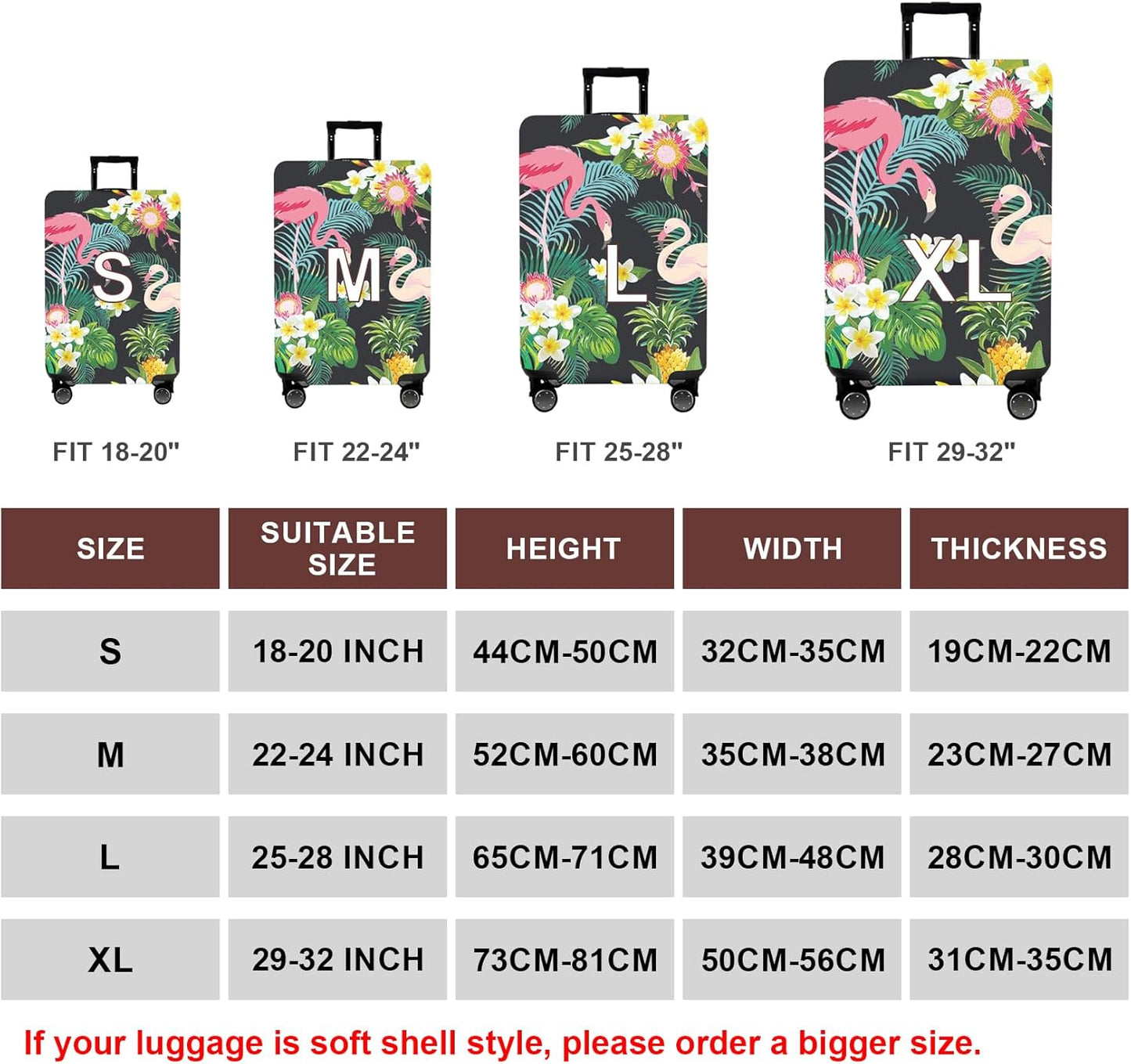 WUJIAONIAO Travel Luggage Cover Baggage Suitcase Cover Protector Skins 18-32 Inch (Flower flamingo, S (for 18-20 inch luggage))