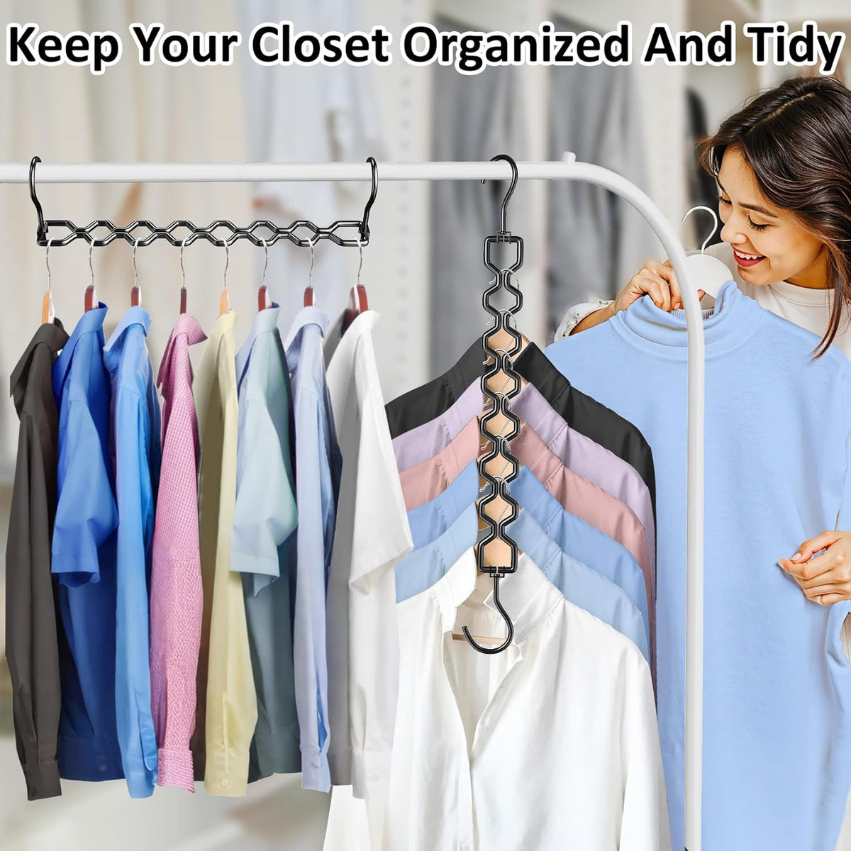 3 Pack Space Saving Hangers for Clothes, Heavy Duty 30Lbs Capacity Magic Clothes Space Saver Sturdy Metal Hanger Organizer with 360° Swivel Hook, Closet Organizers Storage Dorm Essentials Black