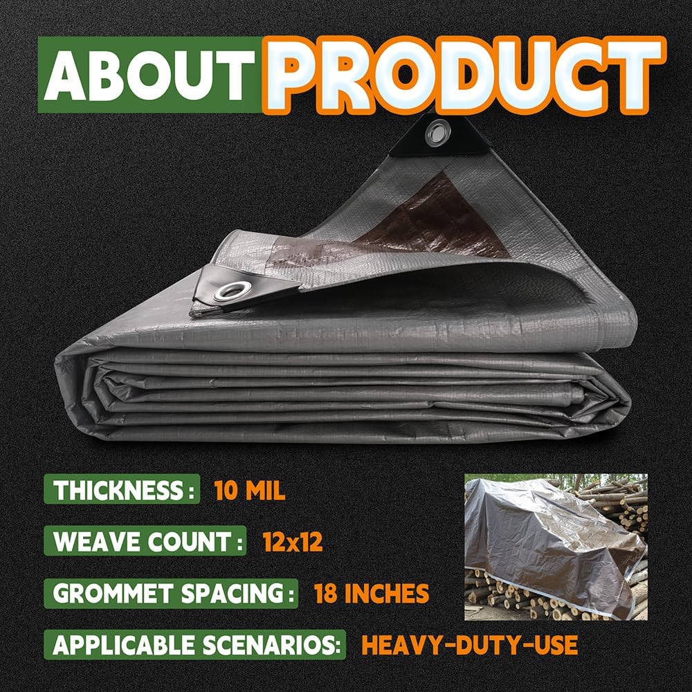 Tarps Heavy Duty Waterproof 9x12 Feet, 10Mil Multipurpose Poly Tarp Cover with Metal Grommets and Reinforced Edges, Silver/Brown Tarp by RAINDEWAY