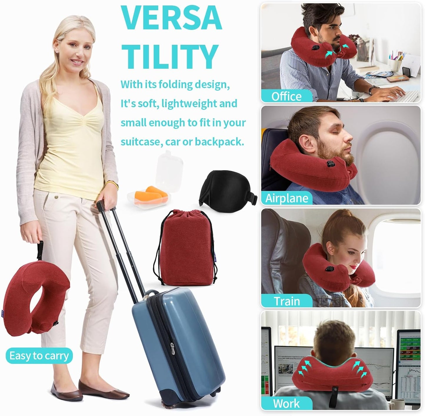Inflatable Travel Neck Pillow for Airplane, Head Support Velvet Adult Neck Pillow for Long Flight, Kit with Eye Mask, Earplugs and Storage Bag,1, Red