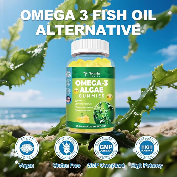 10-in-1 Vegan Omega-3 Gummies 1500mg with DHA 600mg, EPA 400mg, Phytosterols, Turmeric, CoQ10, Phosphatidylserine, Monk Fruit, Algae Omega 3 Supplement Fish Oil Alternative for Adults & Teens - 60 Cts