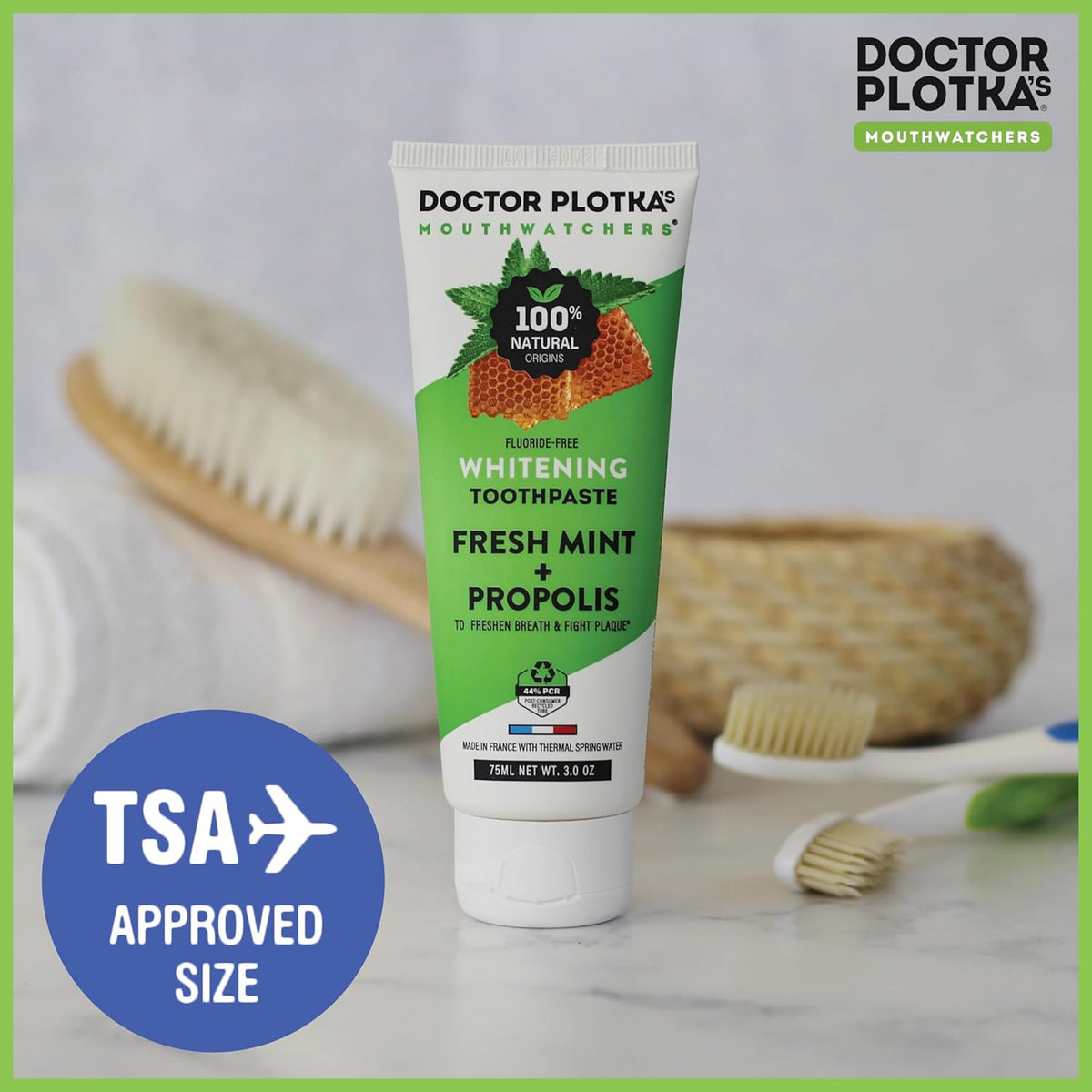 MOUTHWATCHERS Whitening Fluoride Free Naturally Sourced Toothpaste, 3 oz Tube, for Sensitive Teeth and Gums, Fresh Organic Mint and Propolis, by Dr. Plotka's