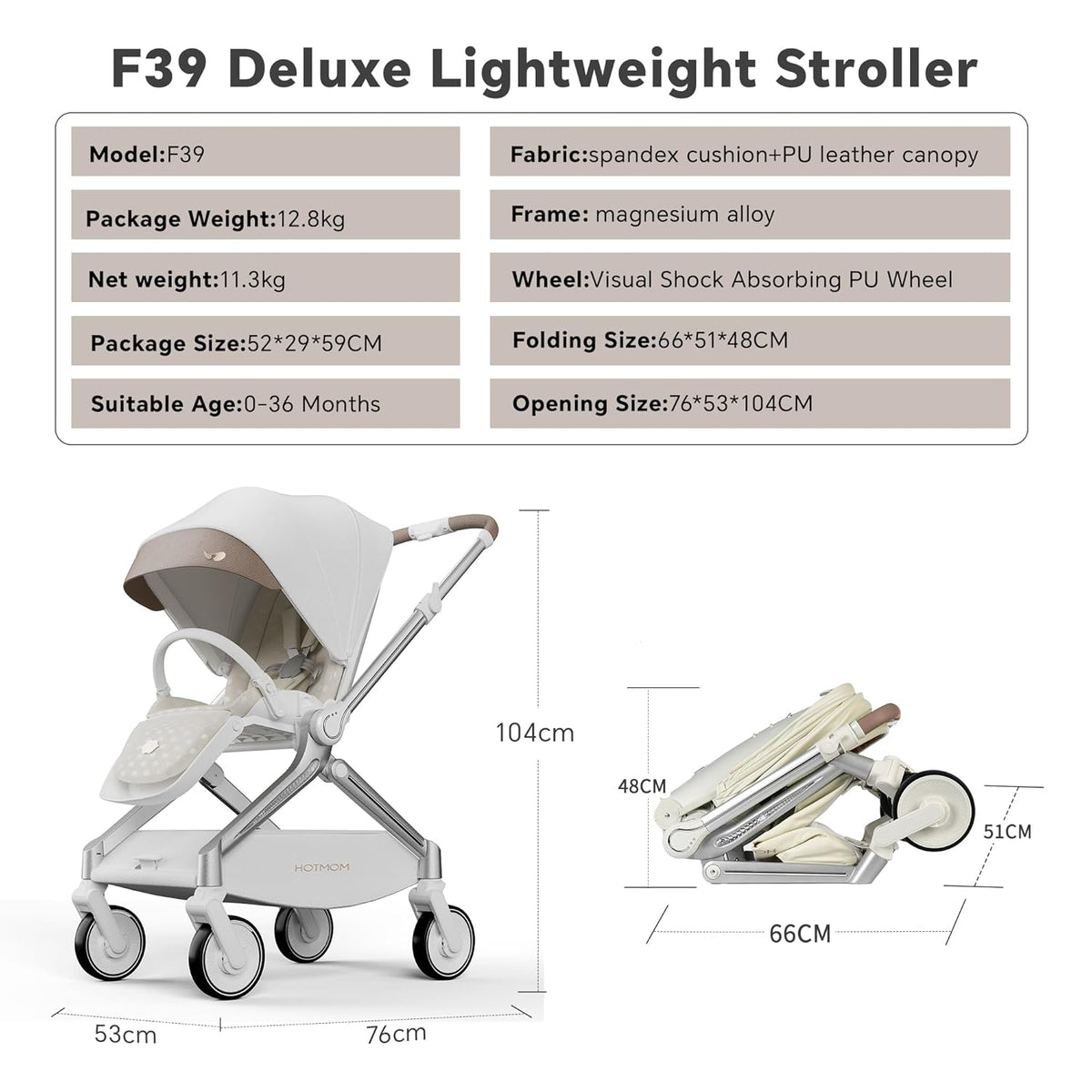 Hot Mom Baby Lightweight Stroller, Intelligent Seat Reversing,Double Brake and PU Anti-Shock Tire Combine Baby Pushchair, Newborn to Toddler's Baby Stroller, Brown
