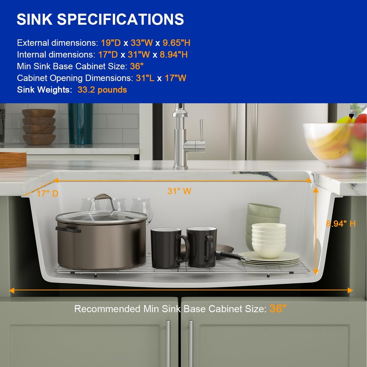 Dcolora 33" Quartz Granite Composite White Kitchen Sink Undermount Sink Deep Single Bowl, Round Corner, 33"x19", DC-GU7750