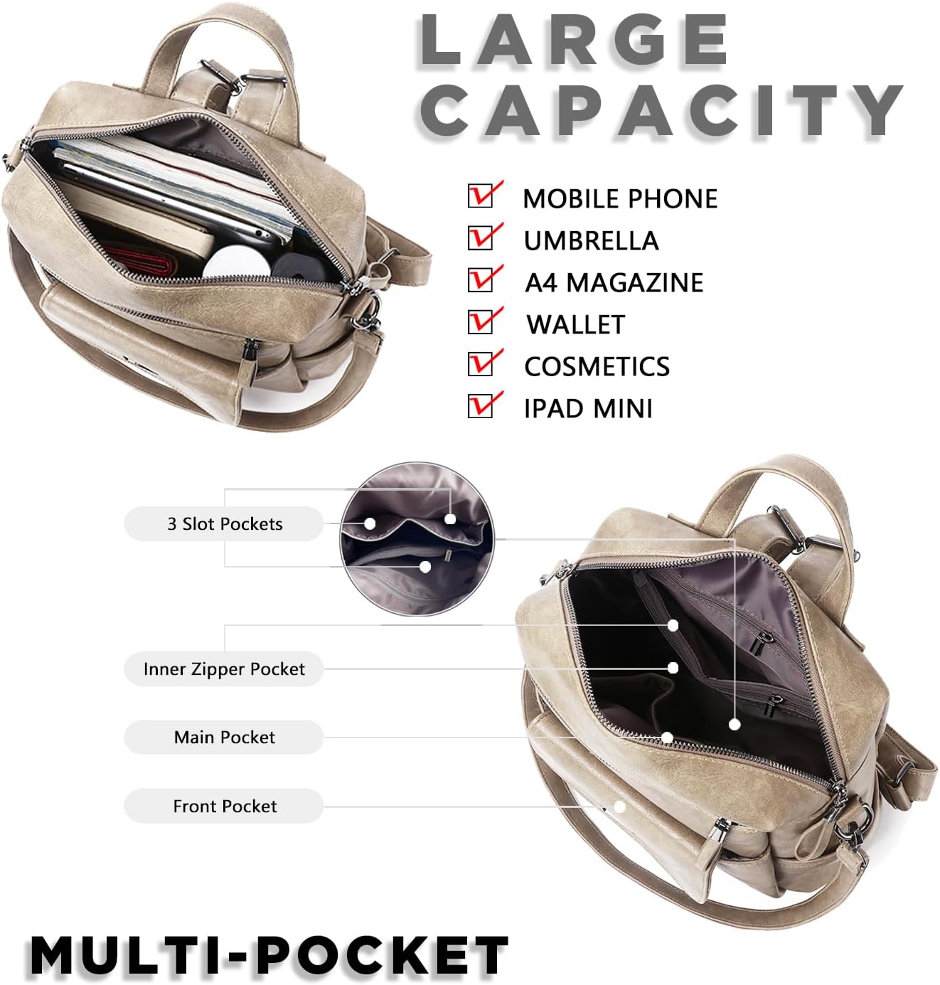 PU Leather Backpack Purse for Women Fashion Multipurpose Design Handbag Ladies Shoulder Bags Travel Backpack Beige