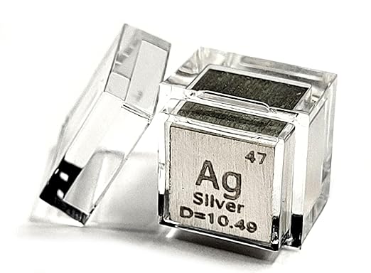 0.39" 10mm Silver Argentum Metal Cube Ag up to 99.9% Pure Periodic Table Element Engraved Density Collection Science Education Display Block Cube + Acrylic Case Box - 1PC