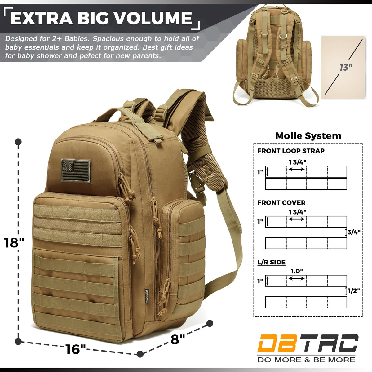 Diaper Bag Backpack for Dad, DBTAC Large Baby Nappy Bag for Men w/Changing Mat, Insulated+Wipe Pockets, Stroller Straps, Tan