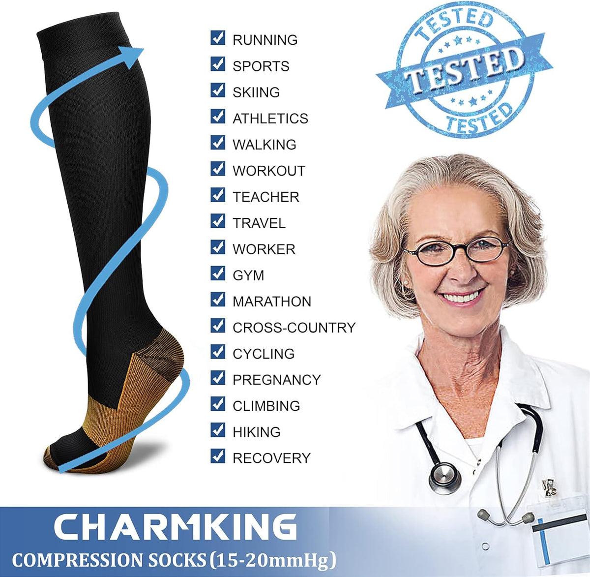 CHARMKING Compression Socks for Women & Men Circulation (3 Pairs) 15-20 mmHg is Best Support for Athletic Running Cycling