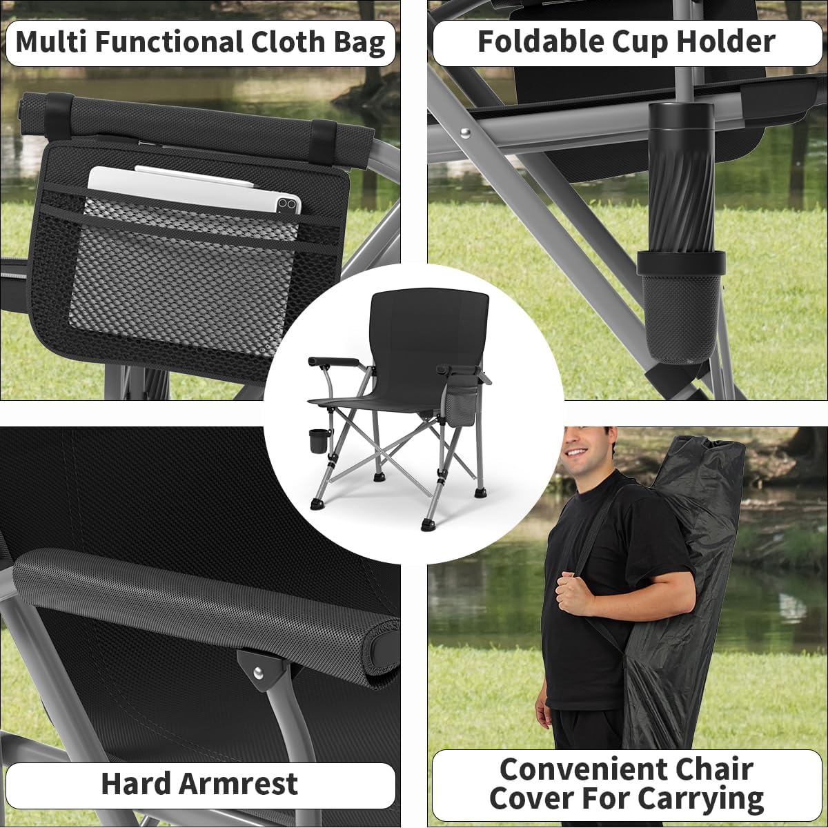 Oversized Camping Chair for Adults Heavy Duty,Heavy Duty Lawn Chair with Side Pockets,Outdoor Camping, Fishing, Beach,Hiking Foldable Camping Chair
