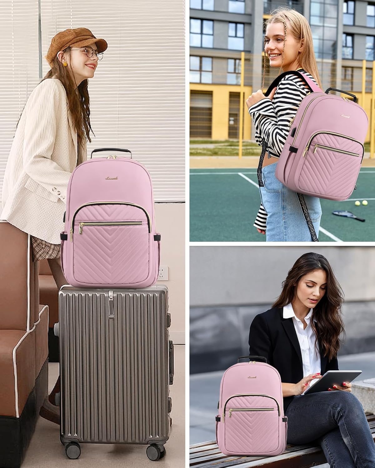 LOVEVOOK Laptop Backpack Purse for Women, Work Travel Computer Bags, College School Backpack for Student Girl, Quilted Casual Daypack with USB Port, Fit 15.6 Inch Laptop, Light Pink