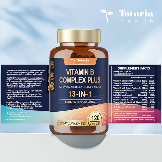 13-in-1 Vitamin B Complex Plus with Vitamin B1, B2, B3 (Niacinamide), B4, B5, B6, B7 (Biotin), B8 (Inositol), B9 (Folate), B12, C, D3, K2 - Energy, Nerve, Immune, Skin Support - 120 Vegan Capsules