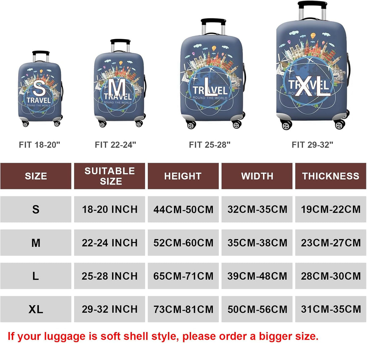 WUJIAONIAO Travel Luggage Cover Baggage Suitcase Cover Protector Skins 18-32 Inch (A9 TRAVEL, XL (for 29-32 inch luggage))
