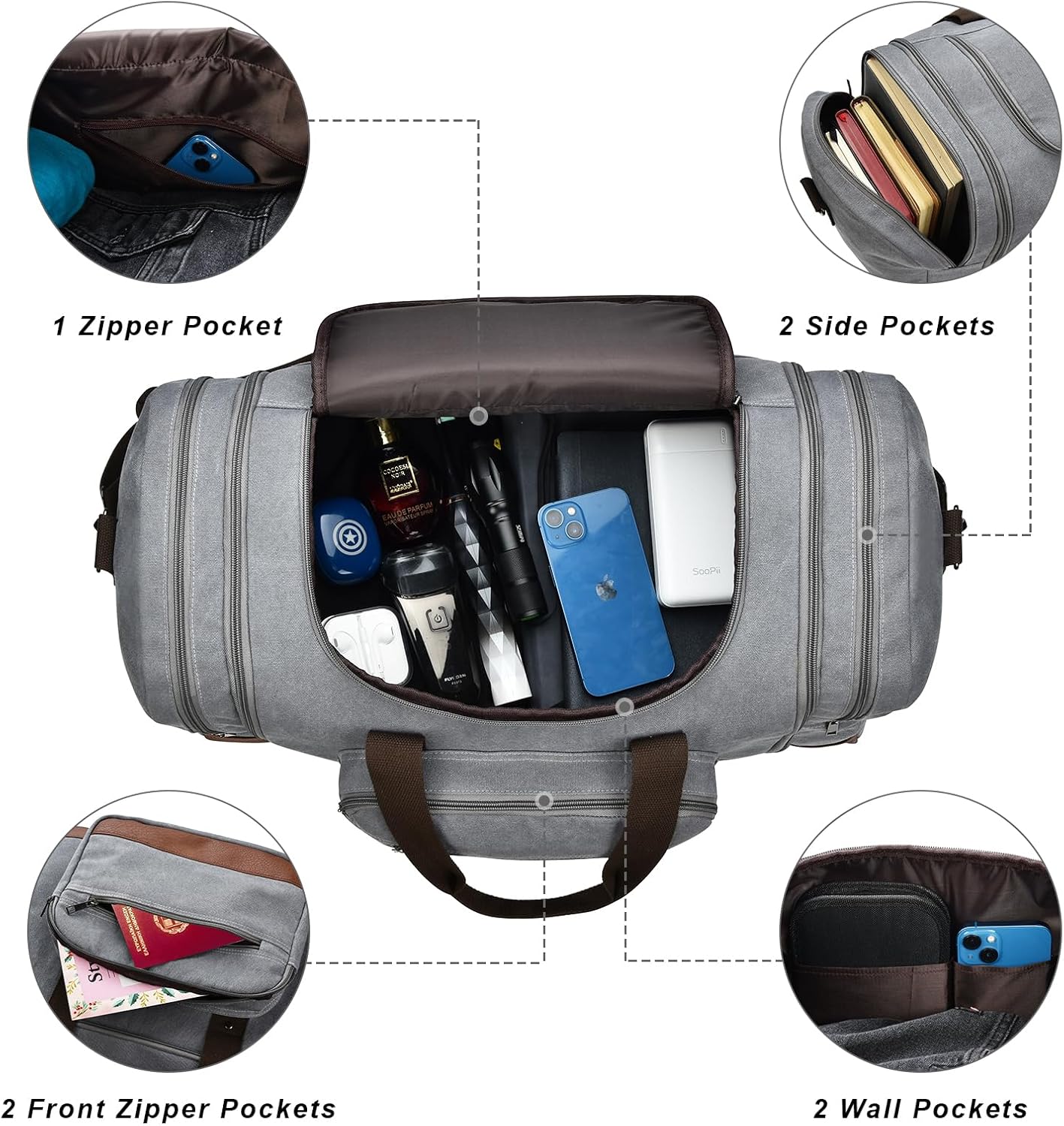 Litvyak Duffle Bag for Travel, 50L Canvas Travel Duffel Bags Overnight Weekend Gym Carry on Luggage Bag for Men & Women(Grey)