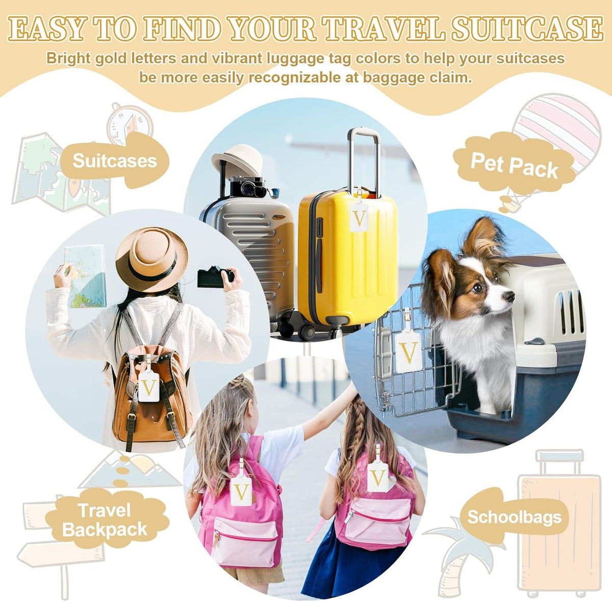 Personalized Initial Luggage Tags for Suitcase TSA Approved, White Leather Cute Luggage Tag with Privacy Cover Name Card, Embroidered Custom Luggage Tags Travel Baggage Tags Gifts for Women Kids(V)