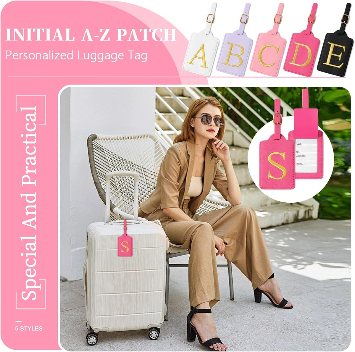 Personalized Initial Luggage Tags - Cute Red Leather Monogrammed Tags with Privacy Cover for Women Kids
