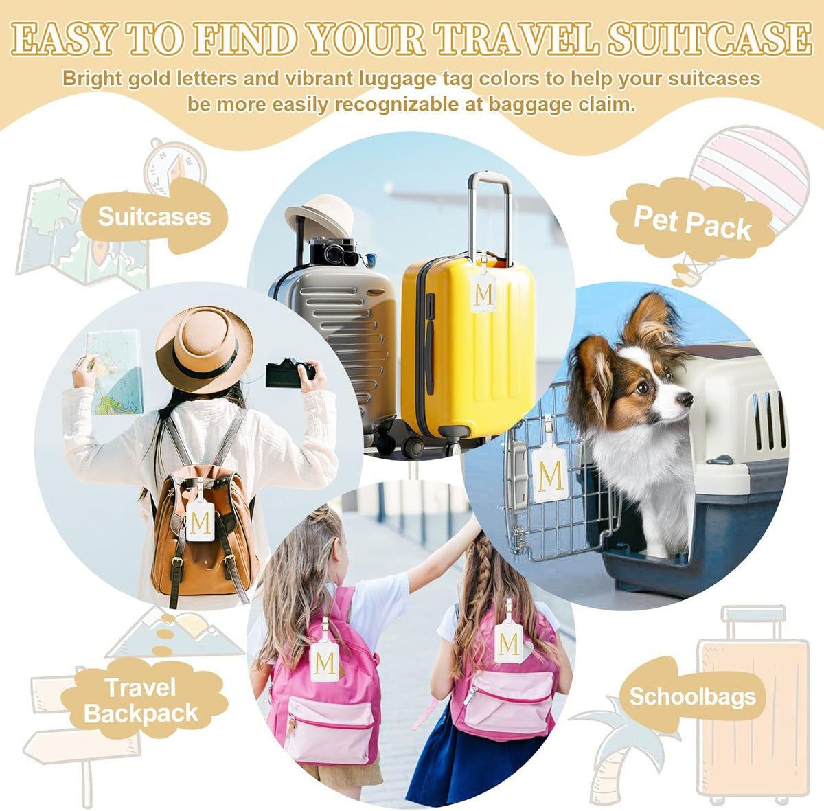 Personalized Initial Luggage Tags for Suitcase TSA Approved, White Leather Cute Luggage Tag with Privacy Cover Name Card, Embroidered Custom Luggage Tags Travel Baggage Tags Gifts for Women Kids(M)