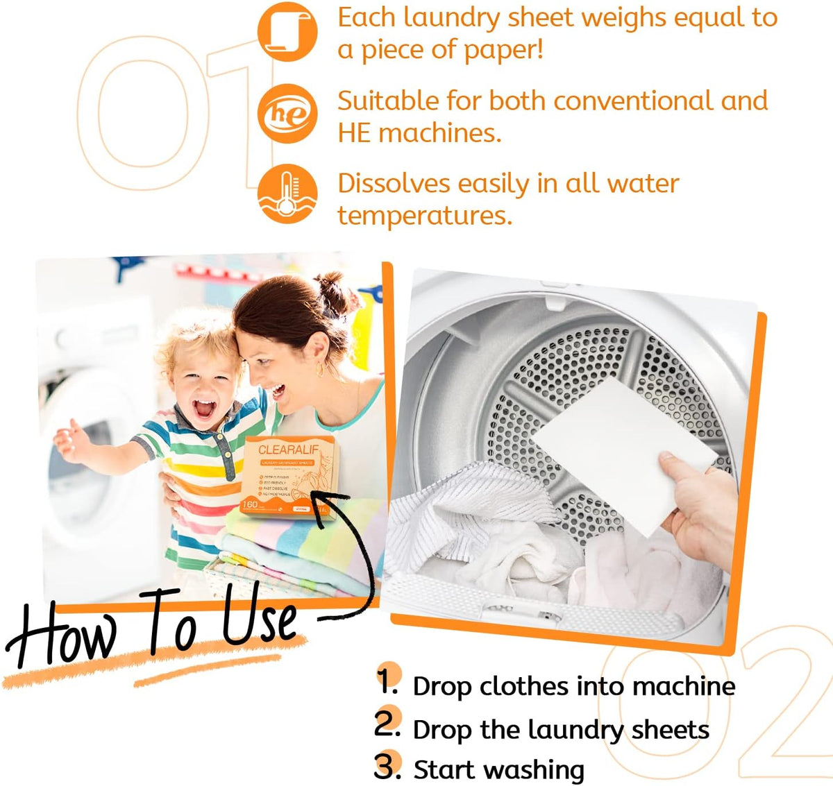 Laundry Detergent Sheets (480 Loads), Orange,Great For Travel,Apartments, Dorms,CLEARALIF Laundry Detergent Strips Eco Friendly & Hypoallergenic (80 Count, Pack of 3)