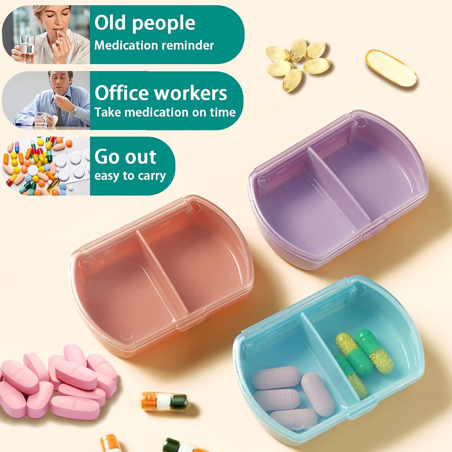 4PCS Small Pill Case Travel Pill Box Cute Pill Organizer for Purse Portable Daily Medicine Organizer 2 Compartment Pill Holder for Vitamins, Fish Oil, Supplements