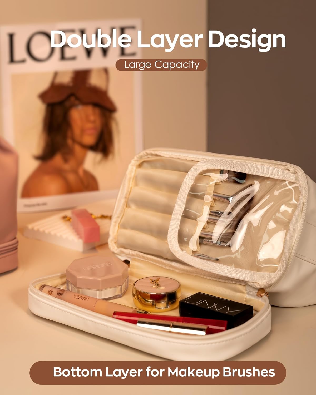 Personalized Friend Gifts, Initial Large Makeup Bag, Personalized Double Layer Cosmetic Bag with Makeup Brush Organizer, Waterproof, Large Capacity PU Leather Toiletry Bag,Teacher Gifts